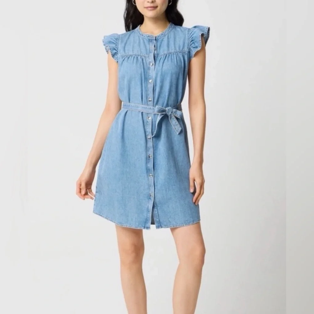 NWT J. Crew Ruffle Sleeve Button Up Mini Denim Dress - Picture 2 of 9